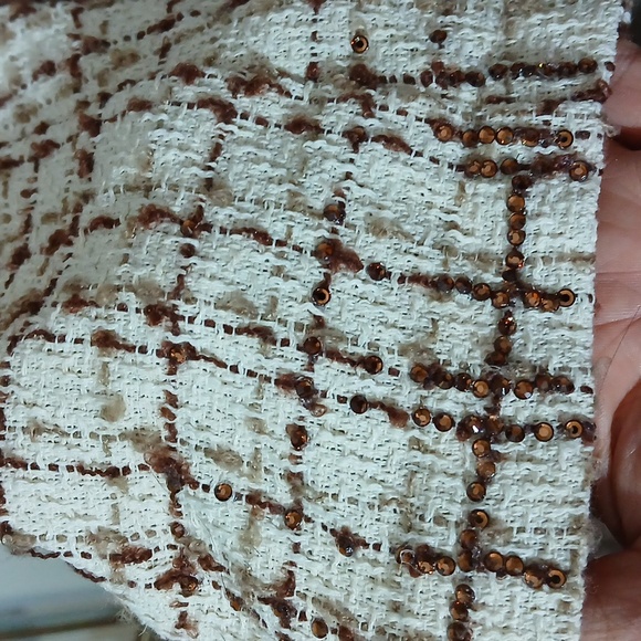 🤎 Elegant Cream Brown Crystal Lapel Jacket Chic Sparkle Size Large Embellished - Picture 4 of 7